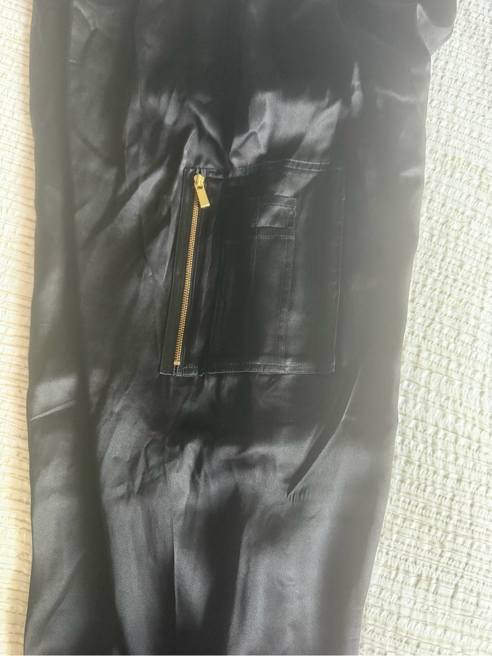 Women's Black 100% silk Cargo Pants with Gold Zip Pocket